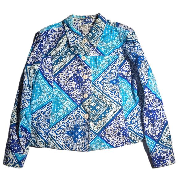 Vtg Y2K Coldwater Creek Blue Bandanna Print Collared Button Up Jacket Petite L - Picture 1 of 3